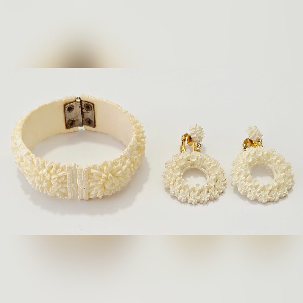 Vintage Carved Celluloid Floral Bracelet and Earring Set